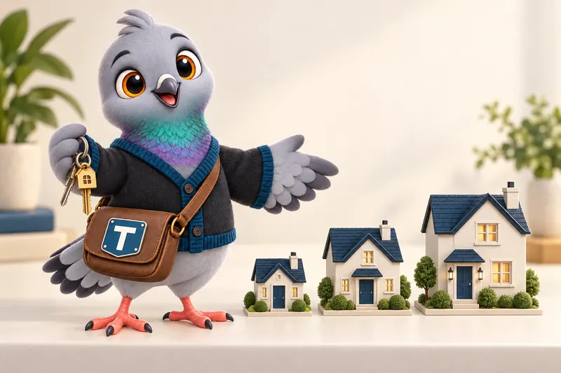 Trudy, the studio mascot, holding house keys and presenting three model houses in small, medium and large sizes