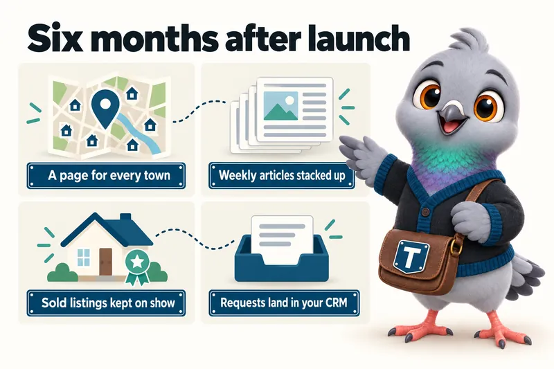 Six months after launch: a page for every town, weekly articles stacked up, sold listings kept on show, requests land in your CRM.